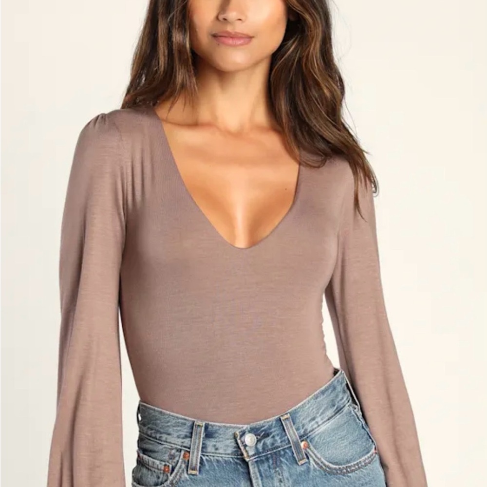 Lulu's Taupe Long Sleeve Bodysuit